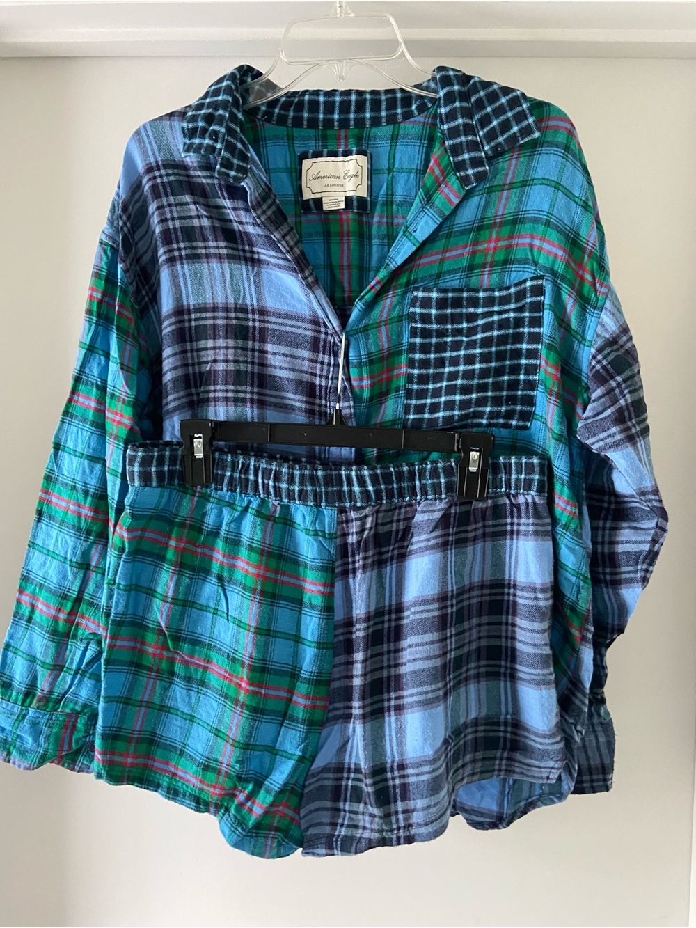 American Eagle Outfitters Mixed Blue & Green Plaid Button-Down Shirt Pajama Set